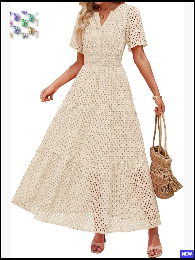 V-Neck Maxi Dress Eyelet Embroidered Boho Casual Elegant A-Line Summer Swing